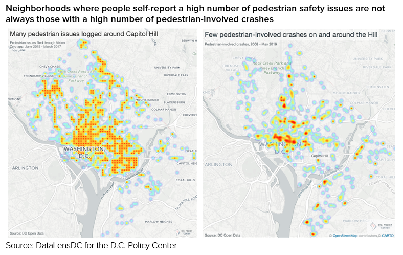 Neighborhoods where people self-report a high number of pedestrian safety issues are not always those with a high number of pedestrian-involved crashes - DC Policy Center