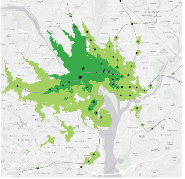 30 minute transit times to Georgetown today (dark green) and with future gondola (light green). Metro lines & stations shown