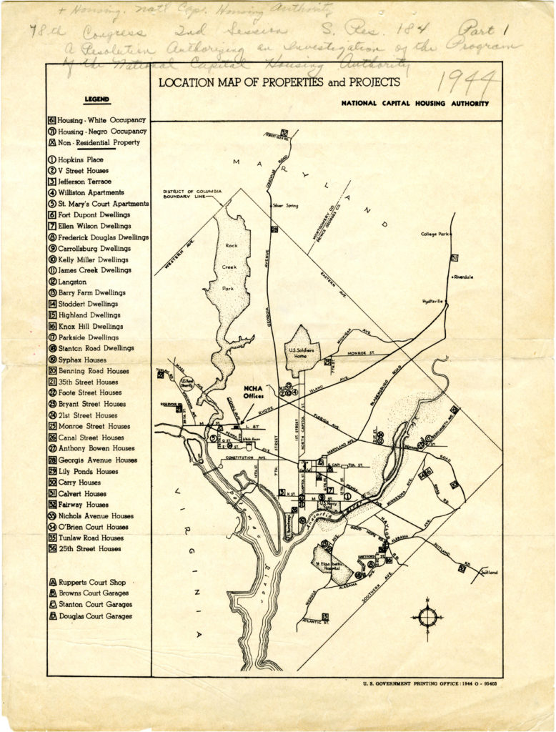 D.C. Public housing projects by race, 1944. U.S. Government Printing Office. Source: DC Public Library, Special Collections, Washingtoniana Map Collection. Cited by Prologue DC in Mapping Segregation: How Racially Restricted Housing Shaped Ward 4.