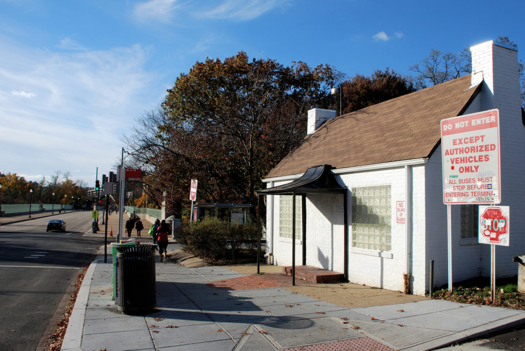 Calvert Street bus loop at the foot of Duke Ellington Bridge. Image by BeyondDC licensed under Creative Commons.