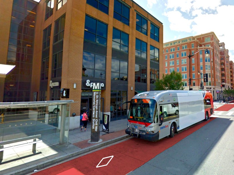 WMATA bus with mockup of a dedicated lane. Image created with Google Maps.