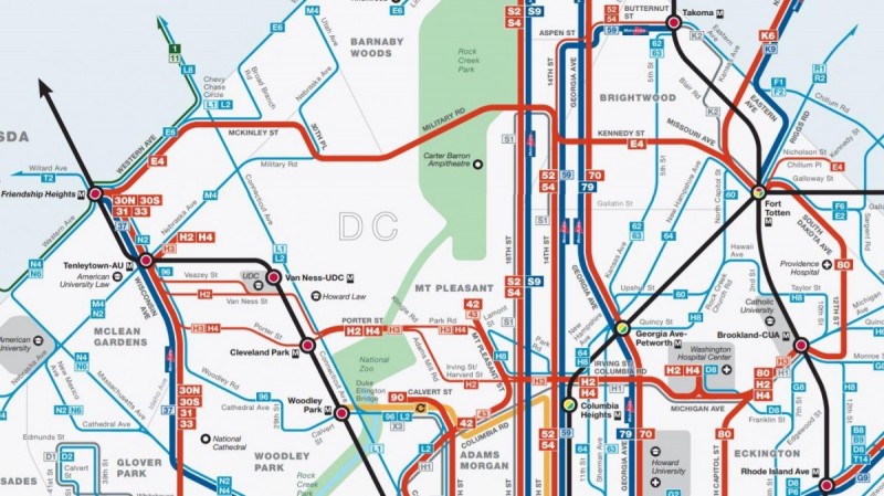 This clipping from WMATA’s DC bus map shows the limited east-west connections north of downtown, and the 90 bus’s failure to cross Rock Creek. Image by WMATA.