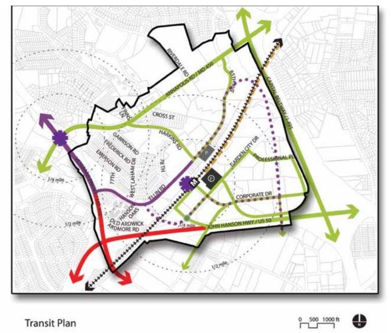 This map from the 2010 plan shows the Purple Line as solid purple, with potential extension paths across Amtrak's Northeast Corridor railroad tracks shown in dotted purple. New Carrollton station is the black and white “M” next to the purple asterisk. Image by M-NCPPC.
