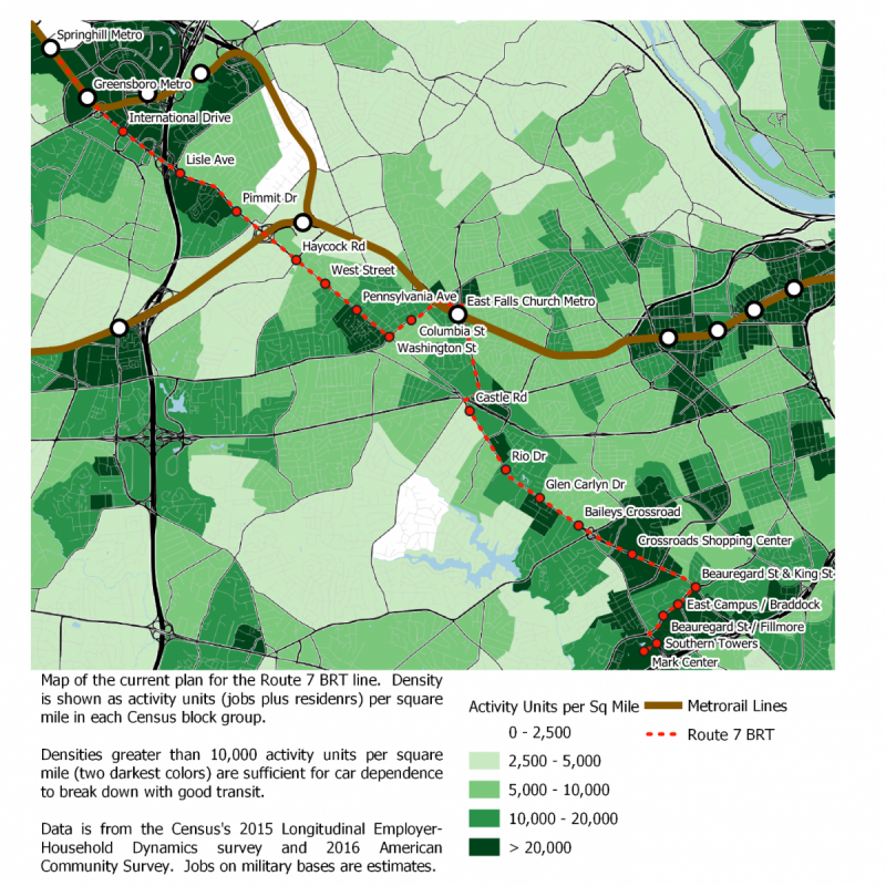 Map of the proposed Route 7 BRT line, with density of population and jobs. Image by the author.