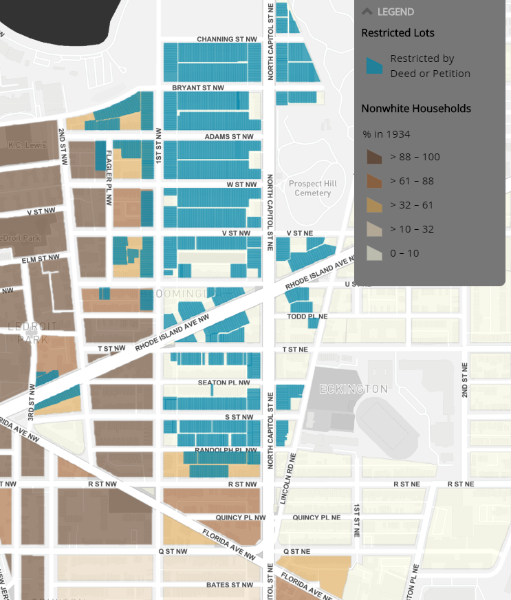 The Bloomingdale neighborhood of 1934 was predominantly African American, yet many houses carried racially restrictive covenants and agreements In 1937, the D.C. Appeals Court upheld restrictive covenants as an effective “barrier against the eastward movement of colored population into the restricted area.” Credit: Prologue DC