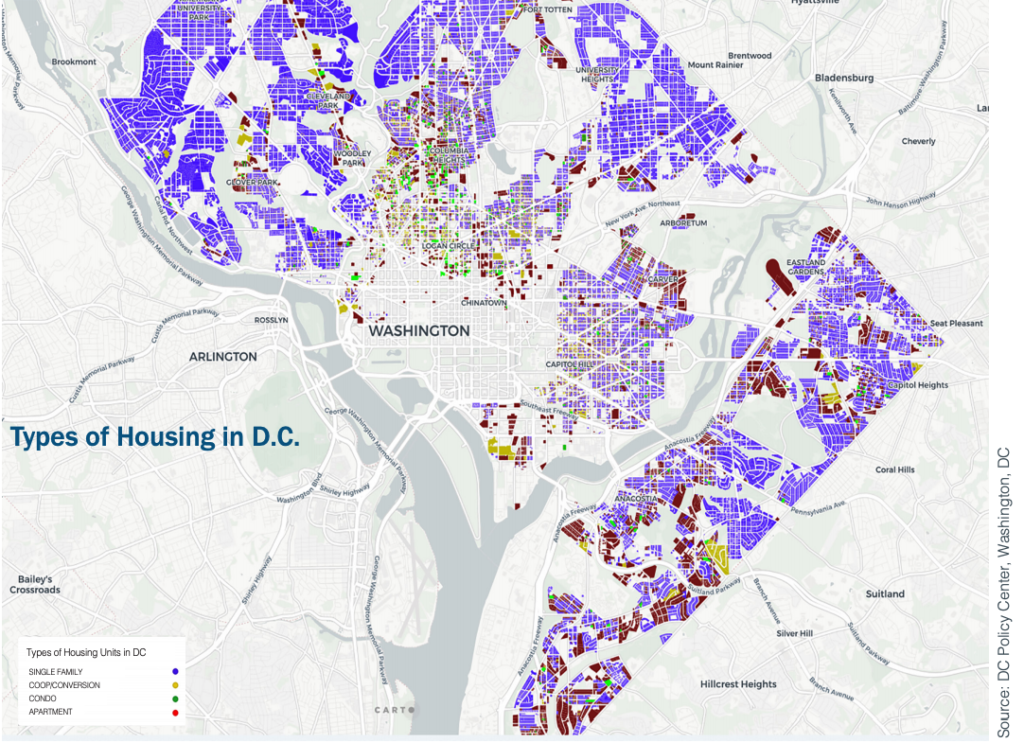 A map of the District of Columbia, illustrating where single family, coop, condo