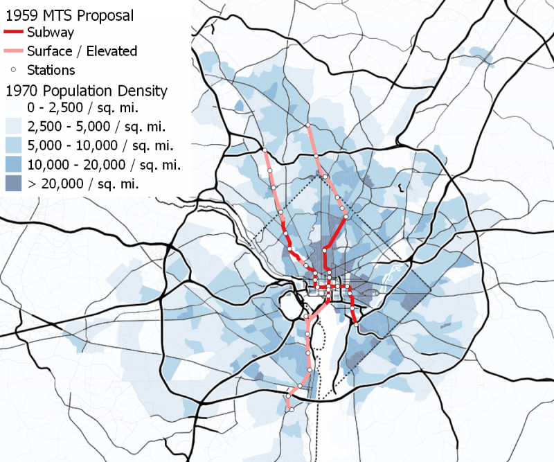 The 1959 MTS proposal (above) is shown here superimposed over 1970 population density, the earliest available. The two northern branches to Montgomery County were to follow the then-proposed Northwest and North-Central freeways, while the southwestern branch largely followed existing railroad rights-of-way, but with some elevated portions. Maps of the 1959 MTS Proposal by the author.