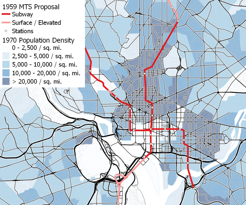 The downtown portion of the 1959 MTS proposal is shown, superimposed over 1970 population density, the earliest available.
