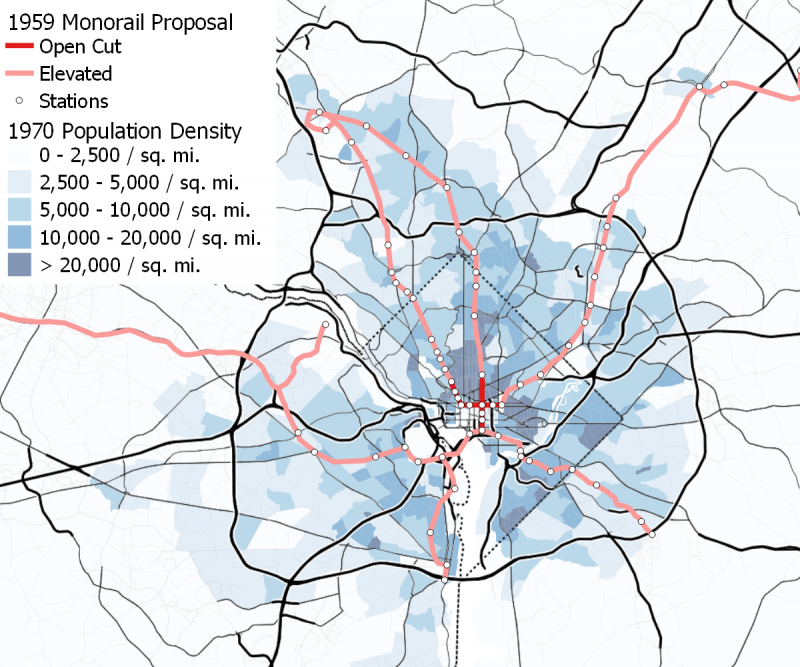 O. Roy Chalk’s 1959 monorail proposal is shown above, superimposed over 1970 population density, the earliest available. Station locations are estimates based on the list of “areas served” given in the proposal pamphlet. The branch that runs off the page to the west goes to Dulles Airport and the branch that runs off the page to the east goes to BWI airport. Image by the author.