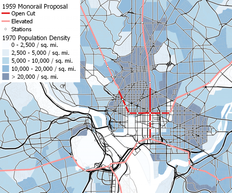 The downtown portion of O. Roy Chalk’s 1959 monorail proposal is shown here superimposed over 1970 population density, the earliest available. Station locations are estimates based on the list of “areas served” given in the proposal pamphlet.