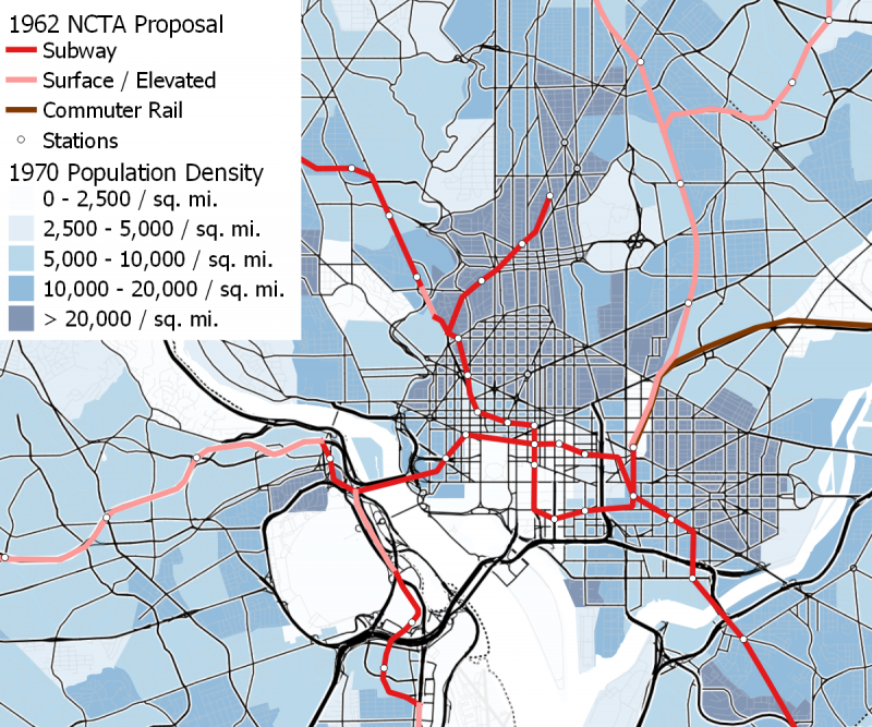 The downtown portion of the 1962 NCTA proposal is shown here superimposed over 1970 population density, the earliest available
