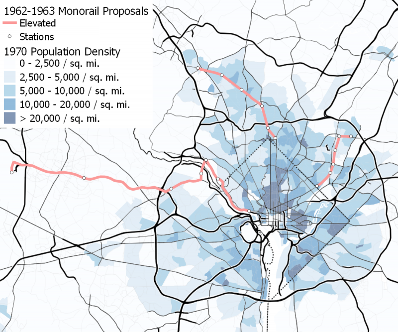 O. Roy Chalk’s three monorail proposals from 1962 (“superail” to Dulles Airport) and 1963 (Rockville-Silver Spring and Greenbelt-Mount Rainier) are shown here superimposed over 1970 population density.  Station locations for Superail are taken from the map included in the proposal; station locations on the Maryland routes are based on stations proposed in the 1959 monorail plan. Image by the author.