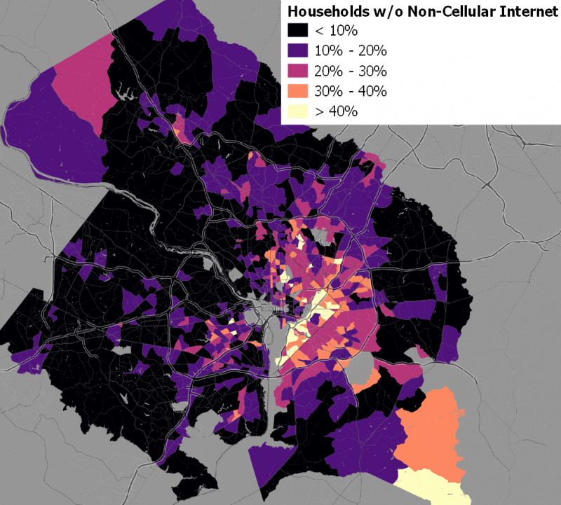 Households with no internet or only celluar internet, by 2010 Census tracts. Tracts with large numbers of group-quarters residents have been removed. Data source: 2018 American Community Survey 5-year estimates. Image by the author.