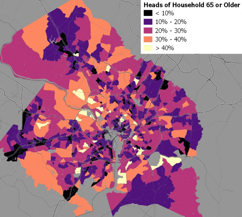 Heads of household of age 65 or older, bu 2010 Census tracts. Tracts with large numbers of group-quarter residents have been removed. Data source: 2018 American Community Survey 5-year estimates. Image by the author.