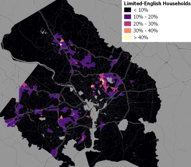 Households with limited English proficiency, by 2010 Census tracts. Tracts with large numbers of group-quarters residents have been removed. Data source: 2018 American Community Survey 5-year estimates. Image by the author.
