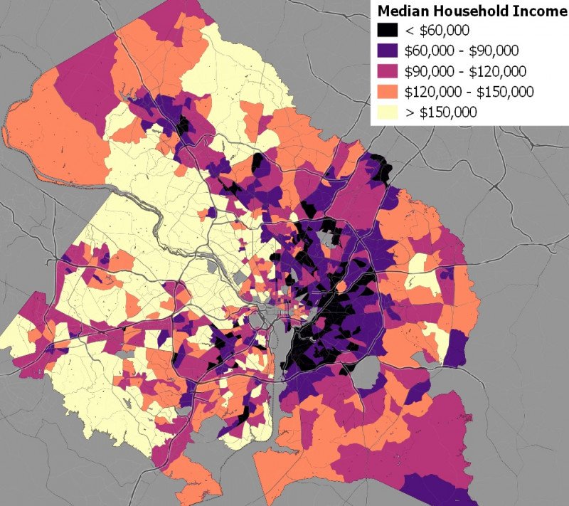 Median household income, by 2010 Census tracts. Tracts with large numbers of group-quarters residents have been removed. Data source: 2018 American Community Survey 5-year estimates. Image by the author.