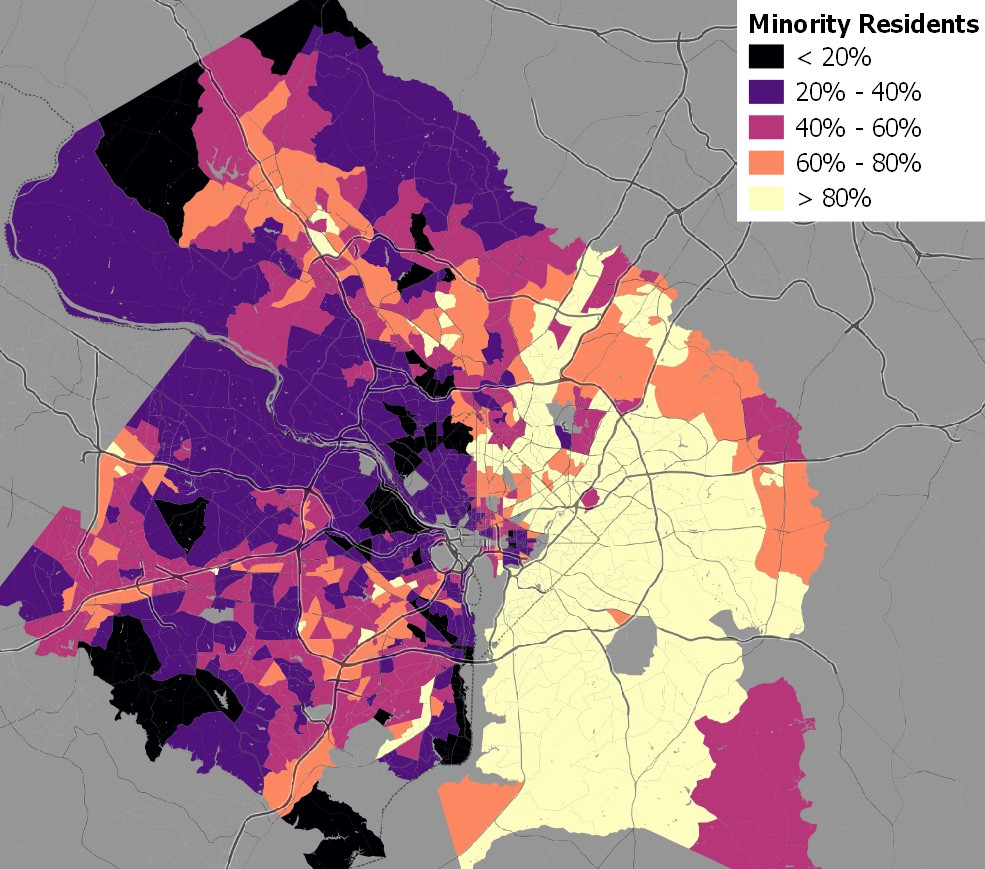 Percent of minority resident (other than non-Hispanic whites) in 2010 Census tracts. Tracts with large numbers of group-quarters residents have been removed. Data source: 2018 American Community Survey 5-year estimates. Image by the author.