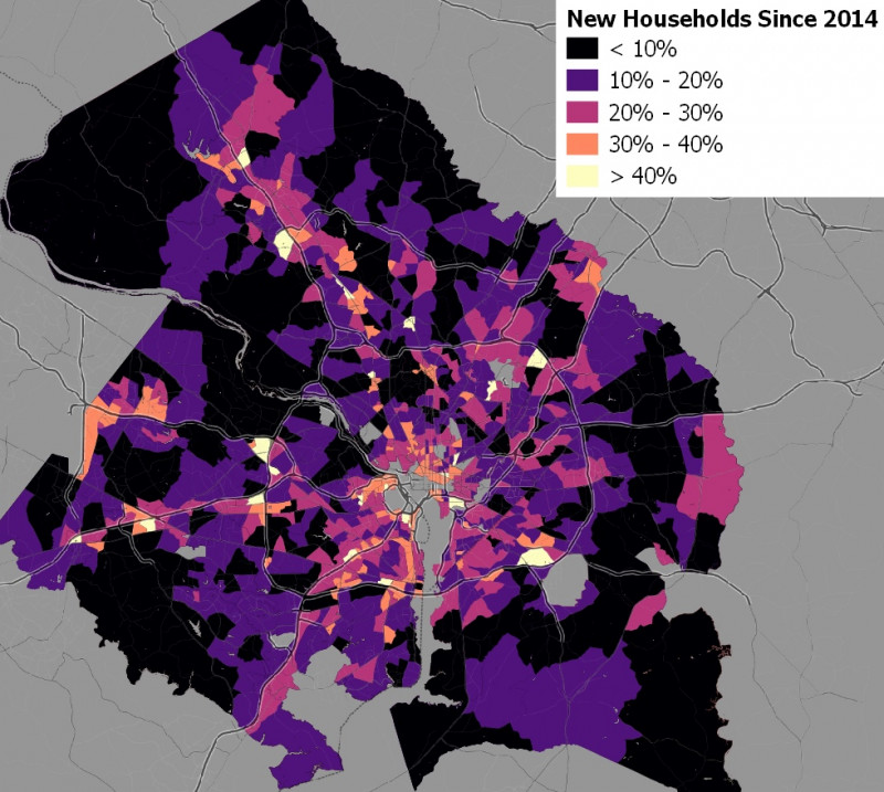 Households that moved into their homes in 2015 or later, by 2010 Cencus tracts. Tracts with large numbers of group-quarters residents have been removed. Data source: 2018 American Community Survey 5-year estimates.
