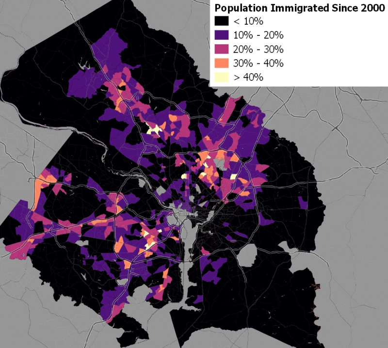 Population of immigrants who moved to the US in 2000 or later, by 2010 Census tracts. Tracts with large numbers of group-quarters residents have been removed. Data source: 2018 American Community Survey 5-year estimates. Image by the author.