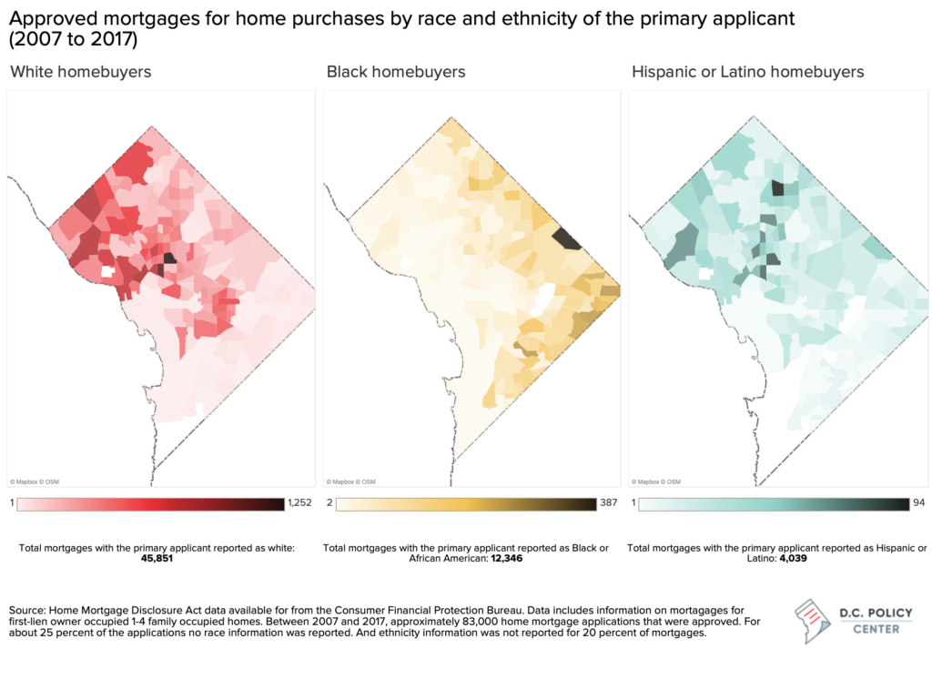 A map showing approved mortgages in DC by race from 2007 to 2017. It shows white homeowners clustered in the northwest, Black homeowners in the southeast, and Hispanic homeowners in central D.C.