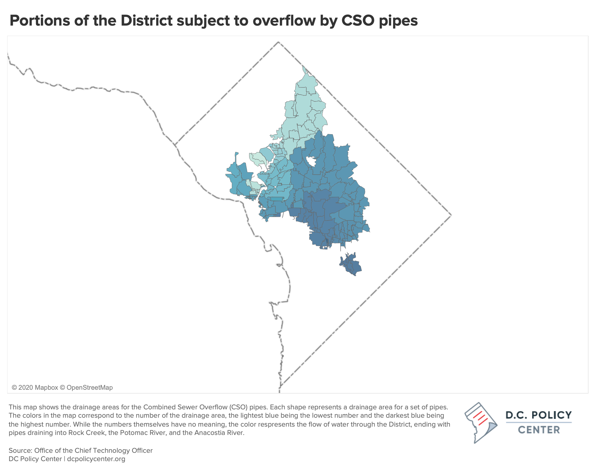 Map of the combined sewer overflow in the District, showing that ward 3 has no overflow