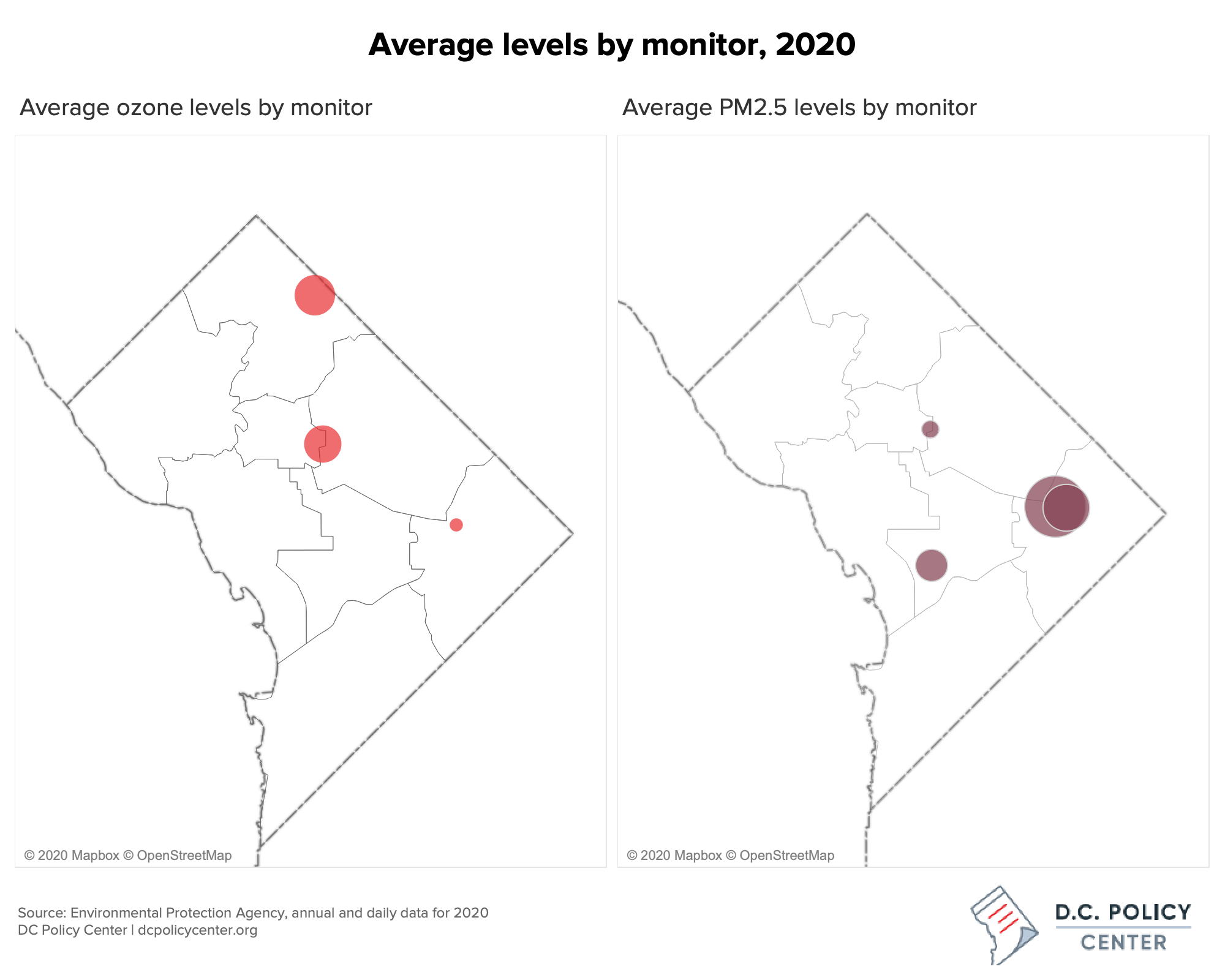 map of 2020 ozone and PM2.5 levels in D.C., showing higher PM2.5 levels in Ward 7