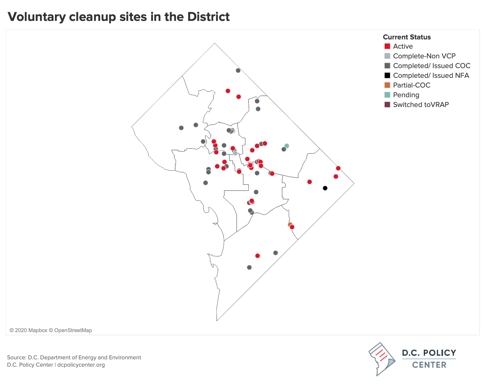 map of voluntary cleanup sites by status in DC, showing a concentration in ward 6