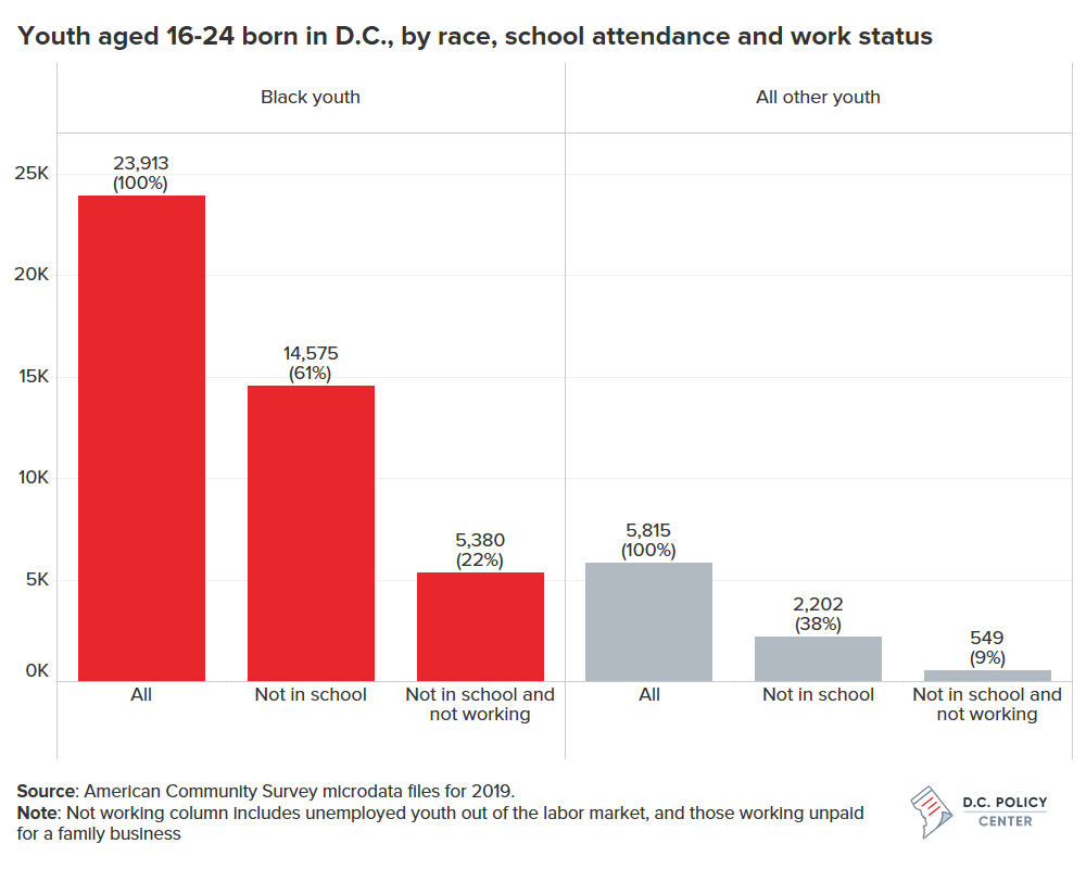 Youth aged 16-24 born in DC by race, school attendance, and work status