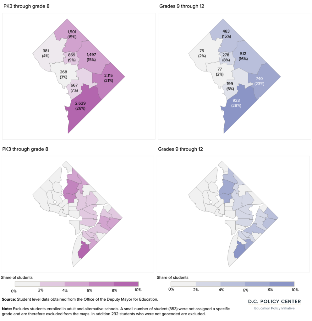 graph of D.C. public school students with special education needs, by ward and neighborhood of residence, school year 2021-22