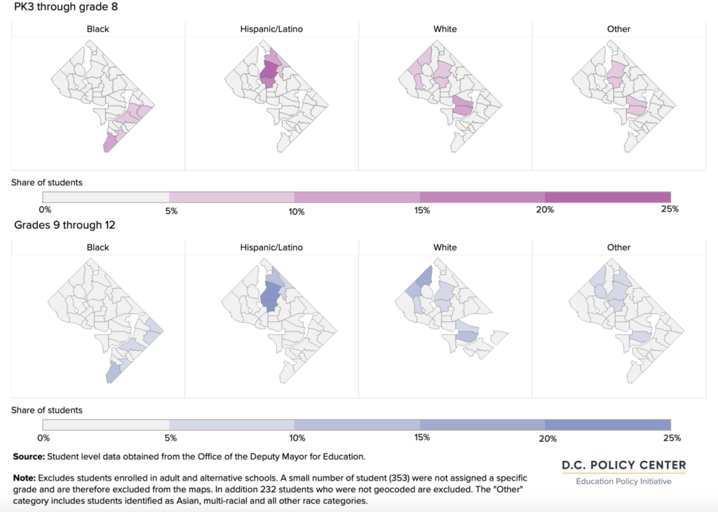 graph of D.C. public school students by race and ethnicity, and neighborhood of their residence, school year 2021-22