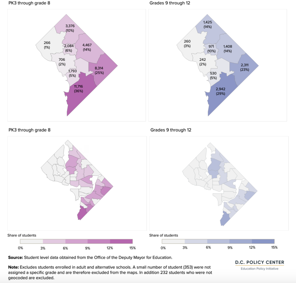 graph of D.C. public school students designated as at-risk by ward and neighborhood of residence, school
year 2021-22