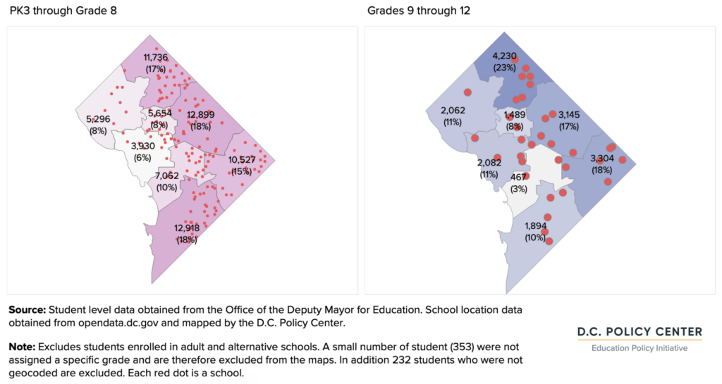 graph of Distribution of public school students across wards, by ward of the school they attend, school year 2021-22