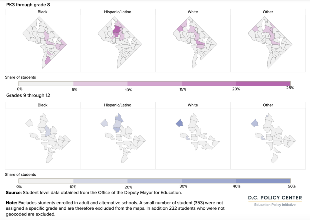 graph of D.C. public school students by race and ethnicity and neighborhood of the school they attend, school year 2021-22