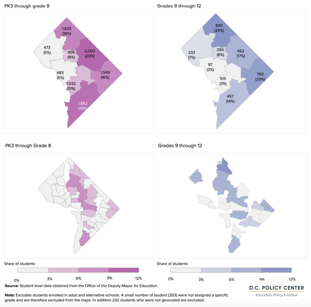 graph of D.C. public school students with special education needs, by ward and neighborhood of school location, school year 2021-22