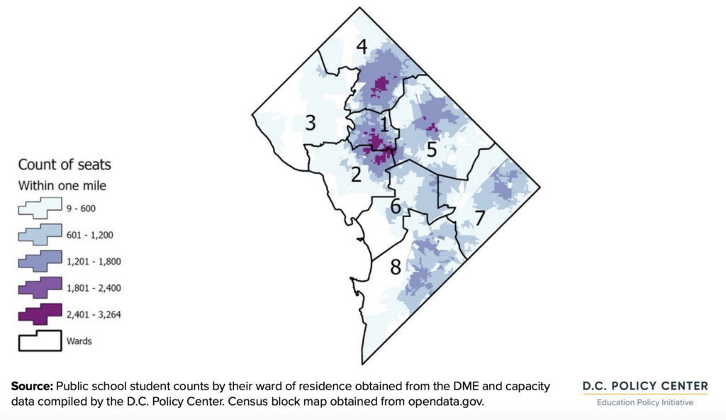 map of PK3 to grade 8 afterschool seats within one mile of students’ homes