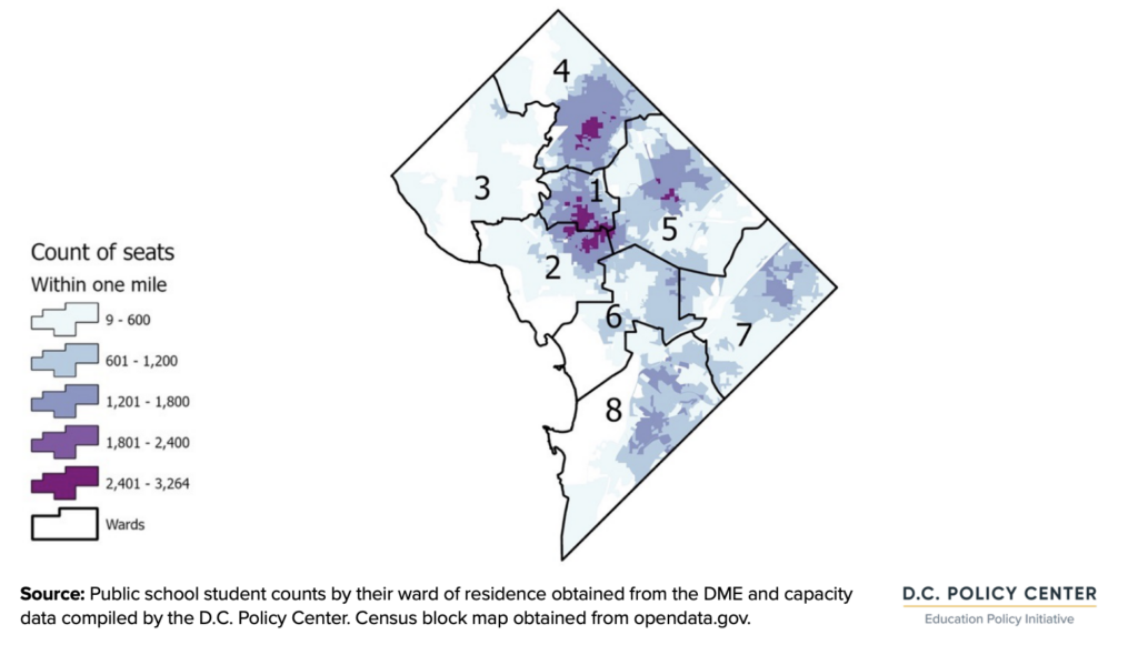 map of PK3 to grade 8 afterschool seats within one mile of students’ homes