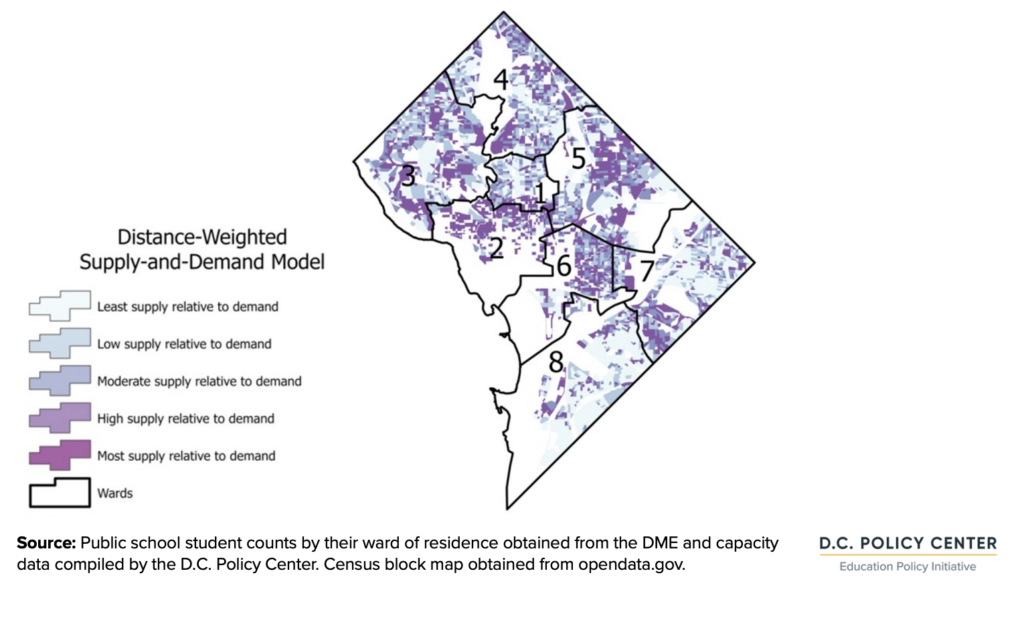 map of Distance-weighted supply and demand model for afterschool seats, PK3 to 8th grade, school year 21-22