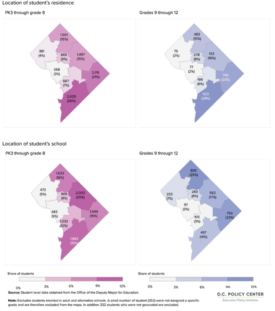 maps of where students with special education needs live and go to school. the highest percentages of students live in wards 7 and 8, but many of those students attend school in wards 4 and 5. 