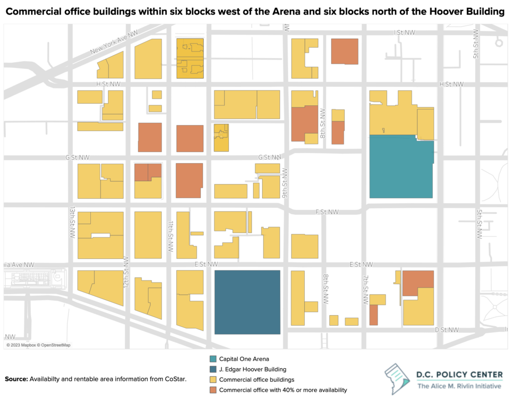 map of commercial office buildings around the FBI Hoover building 