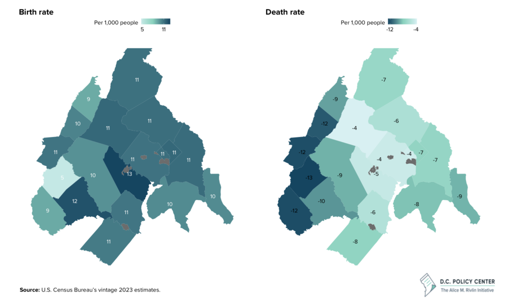 Two choropleths of the D.C. metropolitan region showing changes in birth and death rates by county. 