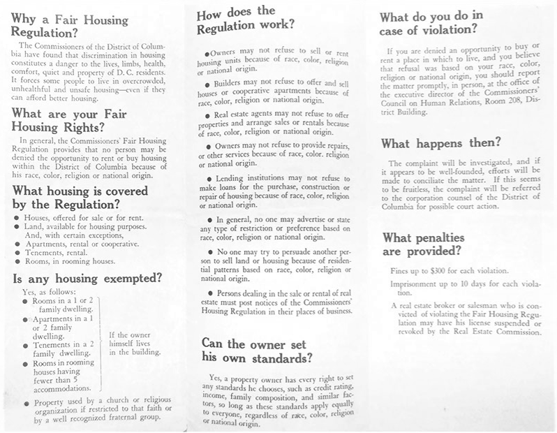 Your Fair Housing Rights: A quick guide to the District Commissioners' Fair Housing Regulation (brochure). D.C.'s fair housing law took effect on January 20, 1964, and the first complaint was filed five days later. By November 1964, the number of complaints filed in D.C. (110) was second only to the number filed in New York. Courtesy DC Public Library, Washingtoniana Division (Mapping Segregation in Washington DC)